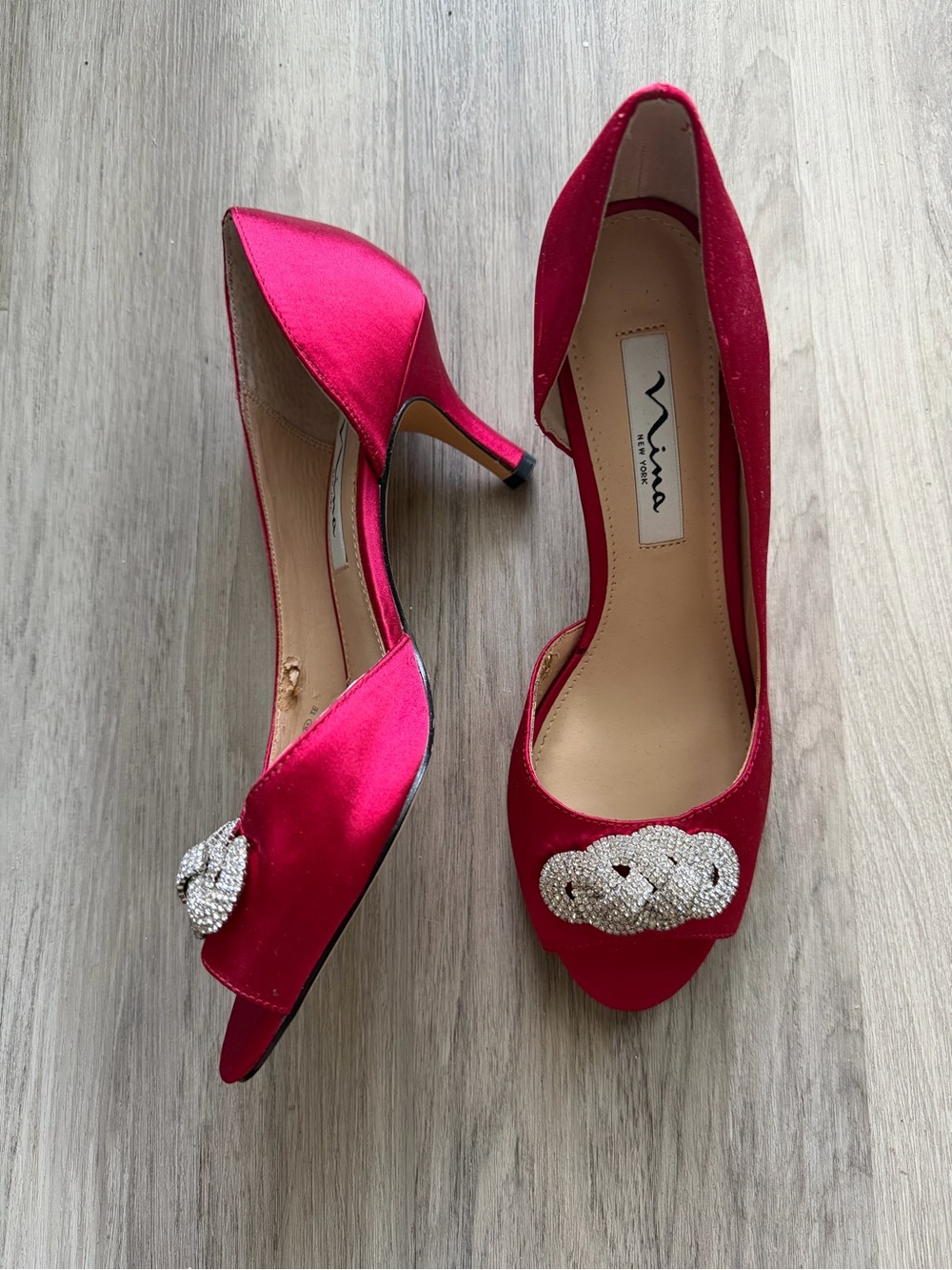Nina | Raspberry Red Satin D’Orsay Peep-Toe 2.5” Heel w Crystal Accent | Sz 7.5